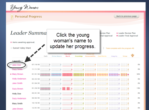 Young Women's Personal Progress -- Leader Summary